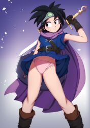 Rule 34 | 1girl, arm behind back, armpits, bangs pinned back, black hair, blue dress, boots, bow, bow panties, breasts, brown footwear, brown gloves, cape, circlet, clenched hands, dragon quest, dragon quest iii, dress, earrings, euf-dreamer, eyelashes, female focus, gloves, gradient background, grey eyes, hand up, headband, heroine (dq3), highres, holding, holding shield, holding sword, holding weapon, jewelry, knee boots, legs, light blush, looking to the side, midriff, navel, outstretched arms, over shoulder, panties, parted lips, pink panties, purple cape, shield, shiny skin, short hair, simple background, sleeveless, sleeveless dress, small breasts, spiked hair, spread arms, spread legs, standing, sword, sword over shoulder, thighs, underwear, upskirt, weapon, weapon over shoulder