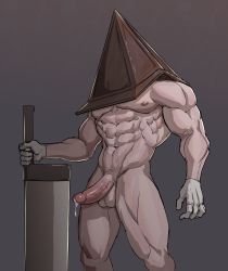 Rule 34 | 1boy, abs, absurdres, bad id, bad pixiv id, bara, completely nude, dead by daylight, erection, feet out of frame, helmet, highres, large pectorals, male focus, muscular, muscular male, navel, navel hair, nipples, nude, pectorals, penis, planted, precum, pyramid head, sedo (usingincognito), silent hill (series), silent hill 2, solo, stomach, thick thighs, thighs, uncensored, weapon