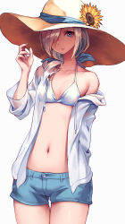 Rule 34 | 1girl, bikini, bikini top only, blue eyes, breasts, collarbone, cowboy shot, flower, hair over one eye, hat, hat flower, highres, jacket, looking at viewer, navel, off shoulder, oopartz yang, open clothes, open jacket, original, shiny skin, short shorts, shorts, silver hair, simple background, small breasts, solo, standing, sun hat, swimsuit, thigh gap, white background, white bikini