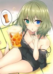 Rule 34 | 10s, 1girl, alcohol, beer, beer mug, black shirt, blue eyes, blue shorts, blush, breasts, brown hair, camisole, chestnut mouth, cleavage, commentary request, cup, from above, green eyes, heterochromia, holding, idolmaster, idolmaster cinderella girls, looking at viewer, looking up, medium breasts, mole, mole under eye, mug, nakatama kyou, no legwear, parted lips, pointing, pointing up, shirt, short hair, short shorts, shorts, sitting, solo, strap slip, takagaki kaede, tatami, thigh gap