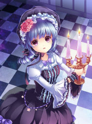 Rule 34 | 1girl, bad id, bad pixiv id, blue hair, candle, checkered floor, chiyingzai, drill hair, floor, flower, frills, from above, hair flower, hair ornament, hat, lolita fashion, looking up, original, pink eyes, ribbon, shadow, short hair, solo, star (symbol), twin drills, twintails, wristband