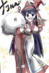 1girl ainu_clothes black_hair boots box breasts christmas fake_beard fake_facial_hair fake_mustache fingerless_gloves gift gift_box gloves hair_ribbon hanging_breasts hat highres large_breasts leaning_forward long_hair looking_at_viewer nakoruru open_mouth pantyhose purple_eyes ribbon samurai_spirits santa_hat smile snk solo teeth the_king_of_fighters thick_thighs thighs tongue traditional_media very_long_hair wide_hips