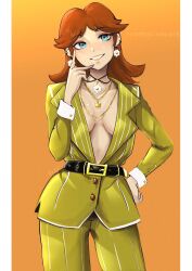 Rule 34 | 1girl, blue eyes, breasts, brown hair, hand on own hip, highres, jewelry, large breasts, looking at viewer, mario (series), nintendo, no bra, pants, princess, princess daisy, short hair, smile, solo, super mario land, vialnite