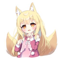 Rule 34 | 1girl, :d, animal ear fluff, animal ears, blonde hair, blush, copyright request, cropped torso, dress, fox ears, fox girl, fox tail, hands up, jacket, long hair, long sleeves, looking at viewer, off shoulder, open clothes, open jacket, open mouth, orange eyes, pink dress, red jacket, siera (sieracitrus), simple background, sleeveless, sleeveless dress, smile, solo, tail, upper body, very long hair, white background