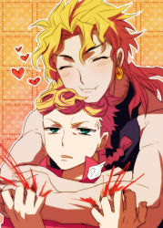 Rule 34 | 2boys, age difference, annoyed, bad id, bad pixiv id, bare shoulders, blonde hair, blood, blue eyes, blush, closed eyes, dio brando, earrings, fang, father and son, frown, giorno giovanna, green eyes, happy, head rest, heart, hug, hug from behind, jewelry, jojo no kimyou na bouken, male focus, multiple boys, open mouth, routo, smile, standing, vento aureo