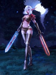 Rule 34 | 1girl, absurdres, alisa nilsen, armor, belt, bikini armor, black choker, blue sclera, boots, breasts, choker, closed mouth, colored sclera, colored skin, crescent choker, crossed legs, dual wielding, elf, forest, full moon, grass, highres, holding, holding sword, holding weapon, crossed legs, looking at viewer, medium breasts, medium hair, armored boots, moon, nature, navel, night elf (warcraft), night elf (warcraft), pauldrons, pink skin, pointy ears, shoulder armor, shoulder spikes, single pauldron, solo, spikes, standing, sword, thigh boots, thighhighs, toned, tree, vial, warcraft, watson cross, weapon, white eyes, white hair, world of warcraft