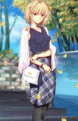 Rule 34 | 1girl, alternate costume, antenna hair, arcueid brunestud, bag, black pantyhose, blonde hair, blue shirt, blue skirt, blue sky, blurry, blurry background, closed mouth, cloud, commentary request, day, earrings, handbag, highres, holding, holding bag, iro (sekaixiro), jacket, jacket on shoulders, jewelry, leaf, looking at viewer, necklace, outdoors, pantyhose, plaid, plaid skirt, red eyes, shirt, short hair, single hair intake, skirt, sky, sleeveless, sleeveless shirt, solo, stairs, tree, tsukihime, watch, white bag, white jacket, wristwatch