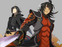 Rule 34 | 2boys, ahoge, bad id, bad pixiv id, black hair, blonde hair, gaius (tales), gloves, grey background, male focus, manly, multicolored hair, multiple boys, red eyes, serious, shiramine (srmn09), simple background, surcoat, sword, tales of (series), tales of xillia, two-tone hair, weapon, wingul (tales)