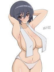 Rule 34 | 1girl, absurdres, armpits, black hair, blush, brave witches, breasts, cameltoe, cleft of venus, closed mouth, dated, highres, large breasts, looking at viewer, panties, red eyes, shimohara sadako, short hair, signature, simple background, skindentation, smile, solo, standing, topless, towel, towel over breasts, underwear, unkai daraku, white background, white panties, world witches series