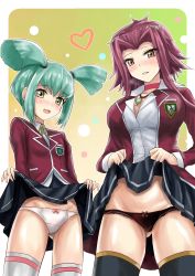 Rule 34 | 2girls, black panties, black skirt, black thighhighs, blush, bow, bow panties, brown eyes, clothes lift, cowboy shot, dress shirt, duel academy uniform (yu-gi-oh! 5d&#039;s), embarrassed, green hair, hair intakes, highres, izayoi aki, jacket, lifted by self, long hair, long sleeves, looking at viewer, luca (yu-gi-oh!), miniskirt, multiple girls, open clothes, open jacket, panties, parted lips, pink bow, pleated skirt, r-binon, red hair, red jacket, shirt, skirt, skirt lift, standing, thighhighs, twintails, underwear, wavy mouth, white panties, white shirt, white thighhighs, yellow eyes, yu-gi-oh!, yu-gi-oh! 5d&#039;s