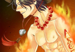 Rule 34 | 1boy, black hair, brown eyes, fire, freckles, hat, jewelry, jolly roger, male focus, muscular, necklace, one piece, pirate, portgas d. ace, profile, topless male, smile, solo, tattoo