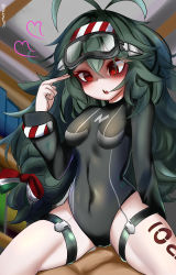 Rule 34 | 1boy, 1girl, @ @, absurdres, artist request, ass, azur lane, bare legs, barefoot, blush, bodysuit, breasts, covered navel, dark green hair, diving mask, diving mask on head, diving suit, fang, goggles, goggles on head, head out of frame, heart, hetero, highleg, highleg swimsuit, highres, huge ass, leg tattoo, long hair, looking at another, looking down, one-piece swimsuit, sexually suggestive, shiny skin, sitting, sitting on person, skin fang, skin tight, skindentation, spread legs, swimsuit, tattoo, thighs, torricelli (azur lane), wetsuit