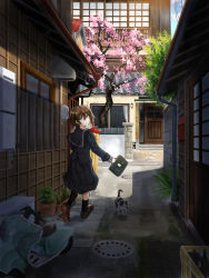 Rule 34 | 1girl, alley, aqua eyes, architecture, bad id, bad pixiv id, bag, black sailor collar, black serafuku, black skirt, black socks, blue sky, bottle, braid, brown footwear, brown hair, cat, cherry blossoms, cloud, commentary request, crate, day, door, drainpipe, east asian architecture, from behind, hadron9, highres, house, loafers, looking at viewer, looking back, mailbox (incoming mail), manhole cover, motor vehicle, neckerchief, original, outdoors, plant, planter, pleated skirt, potted plant, power lines, red neckerchief, sailor collar, scenery, school bag, school uniform, scooter, serafuku, shoes, short hair, single braid, skirt, sky, socks, solo, stepping stones, tree, walking away