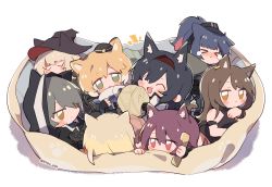 Rule 34 | &gt; &lt;, 1boy, 6+girls, :&lt;, ^ ^, animal, animal ear fluff, animal ears, animal hood, arknights, bag, beret, black cat, black cloak, black hair, black headwear, black one-piece swimsuit, blaze (arknights), blonde hair, blue hair, blush, brown hair, cat, cat boy, cat day, cat ears, cat girl, cat hood, cat tail, chibi, christine (arknights), cloak, closed eyes, closed mouth, dated commentary, ear piercing, extra ears, fang, fish, green eyes, grey hair, hair over one eye, hairband, hat, haze (arknights), highres, holding, holding animal, holding fish, holding phone, hood, infection monitor (arknights), jessica (arknights), jitome, kyou 039, large tail, long hair, looking at viewer, melantha (arknights), mini hat, mousse (arknights), multicolored hair, multiple girls, nightmare (arknights), official alternate costume, one-piece swimsuit, open mouth, orange hair, phantom (arknights), phone, piercing, ponytail, purple hair, red hairband, short hair, simple background, skyfire (arknights), skyfire (temperature difference) (arknights), sleeping, swimsuit, tail, tears, twitter username, two-tone hair, white background, witch hat