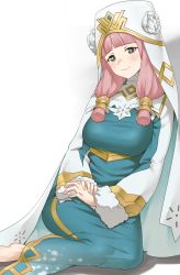 Rule 34 | 1girl, blue dress, blunt bangs, blush, breasts, commentary, cosplay, dress, english commentary, fire emblem, fire emblem fates, fire emblem heroes, grey eyes, gunnthra (fire emblem), gunnthra (fire emblem) (cosplay), hair tubes, highres, igni tion, large breasts, long hair, mitama (fire emblem), nintendo, own hands together, simple background, smile, solo, star-shaped pupils, star (symbol), symbol-shaped pupils, twintails, white background, white headwear
