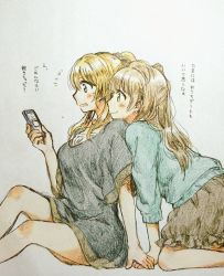 Rule 34 | 10s, 2girls, all fours, ayase eli, bad id, bad twitter id, black skirt, blonde hair, blue eyes, blue sweater, blush, cellphone, commentary request, dress, frilled skirt, frills, grey hair, half updo, hand on another&#039;s shoulder, head on another&#039;s shoulder, holding, holding hands, holding phone, long sleeves, love live!, love live! school idol project, minami kotori, multiple girls, open mouth, phone, ponytail, scrunchie, short sleeves, sidelocks, sitting, skirt, smartphone, smile, surufuji, sweatdrop, sweater, traditional media, translation request, yellow eyes, yuri