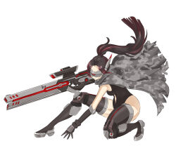 Rule 34 | 1girl, absurdres, armored boots, black footwear, black gloves, black hair, black leotard, boots, breasts, camouflage cloak, commentary, elbow gloves, energy gun, expressionless, floating hair, full body, girls&#039; frontline, gloves, gun, head-mounted display, highres, holding, holding gun, holding weapon, jaeger (girls&#039; frontline), jaeger swap (girls&#039; frontline), leotard, long hair, medium breasts, multicolored hair, mutugorou u, ponytail, pose request, red hair, revealing clothes, rifle, robot ears, sangvis ferri, science fiction, scope, sniper rifle, solo, squatting, streaked hair, thigh boots, trigger discipline, weapon
