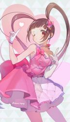 Rule 34 | 1girl, bare legs, bare shoulders, blunt bangs, bow, collarbone, cross-laced clothes, cross-laced top, dress, elbow gloves, fujio (sakana 3mgmg), gloves, hair bow, hair ornament, heart, heart hair ornament, highres, idolmaster, idolmaster million live!, jewelry, jpeg artifacts, long hair, matsuda arisa, necklace, patterned background, pearl necklace, pink dress, red eyes, single elbow glove, solo, twintails, twitter username, very long hair