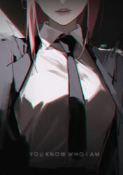Rule 34 | 1girl, 96yottea, black jacket, black necktie, chainsaw man, chromatic aberration, collared shirt, facing viewer, formal, head out of frame, jacket, makima (chainsaw man), medium hair, necktie, parted lips, red hair, shirt, sidelocks, solo, suit, suit jacket, white shirt
