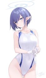 Rule 34 | 1girl, aoi (blue archive), blue archive, blue eyes, blue hair, blue one-piece swimsuit, blush, breasts, collarbone, competition swimsuit, covered navel, gloves, halo, highleg, highleg swimsuit, highres, looking at viewer, medium breasts, mole, mole under eye, one-piece swimsuit, pointy ears, rokuwata tomoe, short hair, swimsuit, white gloves, white one-piece swimsuit