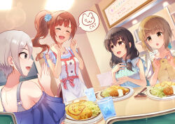 Rule 34 | 4girls, :o, absurdres, apron, bare shoulders, black eyes, black hair, blunt bangs, blush, bow, breasts, brown eyes, brown hair, buttons, chopsticks, closed eyes, collarbone, croquette, cup, dress, drinking glass, earrings, floral print, food, food writing, friends, frilled apron, frills, fujiwara hajime, grey hair, hair between eyes, hair bow, hair ornament, highres, idolmaster, idolmaster cinderella girls, igarashi kyoko, indoors, jewelry, ketchup, long hair, looking at another, low ponytail, low side ponytail, medium breasts, multiple girls, necklace, off shoulder, omelet, omurice, open mouth, own hands together, parted bangs, plate, ponytail, purple eyes, shiomi syuko, short hair, short sleeves, side ponytail, sidelocks, sitting, skirt, smile, spoon, standing, table, tialas, vegetable, waist apron, white apron, yorita yoshino
