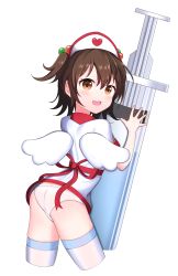 Rule 34 | 1girl, :d, absurdres, akagi miria, ass, blush, brown eyes, brown hair, cowboy shot, cropped legs, dress, hair between eyes, hair bobbles, hair ornament, hat, heart, highres, idolmaster, idolmaster cinderella girls, large syringe, looking at viewer, looking to the side, nurse, nurse cap, open mouth, oversized object, panties, red ribbon, ribbon, simple background, smile, solo, starfox1015, syringe, teeth, thighhighs, two side up, underwear, upper teeth only, white background, white dress, white hat, white panties, white thighhighs, white wings, wings