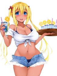 Rule 34 | 1girl, bare shoulders, bikini, blend s, blonde hair, blue bikini, blush, breasts, cleavage, collarbone, commentary request, cowboy shot, cup, denim, denim shorts, drinking glass, drinking straw, food, fruit, groin, hair between eyes, halterneck, highres, hinata kaho, holding, holding cup, holding drinking glass, ice, ice cube, large breasts, lemon, lemon slice, long hair, micro shorts, navel, off shoulder, open fly, orange (fruit), orange slice, parted lips, rocha (aloha ro cha), shirt, short shorts, short sleeves, shorts, smile, solo, swimsuit, tan, thigh gap, tied shirt, tray, twintails, unbuttoned, very long hair, white background, white shirt