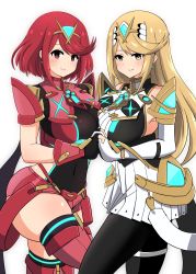 Rule 34 | 2girls, absurdres, asyura kumo, bare shoulders, black gloves, blonde hair, breasts, chest jewel, dress, earrings, elbow gloves, fingerless gloves, gloves, highres, jewelry, large breasts, long hair, looking at viewer, multiple girls, mythra (massive melee) (xenoblade), mythra (xenoblade), nintendo, pantyhose, pyra (xenoblade), red eyes, red hair, red legwear, red shorts, short dress, short hair, short shorts, shorts, simple background, smile, super smash bros., swept bangs, thigh strap, thighhighs, tiara, very long hair, white dress, white gloves, xenoblade chronicles (series), xenoblade chronicles 2