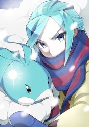 Rule 34 | 1boy, altaria, blue mittens, blue scarf, commentary request, creatures (company), eyelashes, fluffy, game freak, gen 3 pokemon, green hair, grey eyes, grusha (pokemon), holding, holding pokemon, jacket, long sleeves, male focus, mittens, mon! (monmonlezard), nintendo, pokemon, pokemon (creature), pokemon sv, scarf, scarf over mouth, sidelocks, striped clothes, striped scarf, yellow jacket