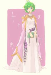 Rule 34 | 1girl, blue eyes, book, cape, cosplay, deirdre (fire emblem), deirdre (fire emblem) (cosplay), dress, fire emblem, fire emblem: genealogy of the holy war, fire emblem: the blazing blade, fire emblem heroes, full body, green hair, highres, holding, holding book, long sleeves, nino (fire emblem), nintendo, open mouth, papapa36, short hair, solo, standing, white dress, wide sleeves