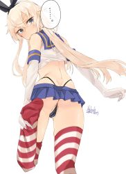 Rule 34 | ..., 1girl, alakoala, artist name, ass, black panties, blonde hair, blue skirt, blush, butt crack, closed mouth, crop top, dated, elbow gloves, foot out of frame, gloves, grey eyes, hair between eyes, highleg, highleg panties, highres, holding leg, kantai collection, long hair, looking down, miniskirt, panties, pleated skirt, school uniform, serafuku, shimakaze (kancolle), signature, simple background, skirt, sleeveless, solo, spoken ellipsis, striped clothes, striped thighhighs, thighhighs, underwear, white background, white gloves