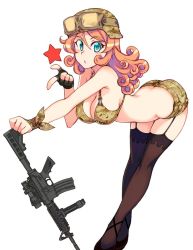 Rule 34 | 1girl, assault rifle, bikini, bikini top only, camouflage, camouflage bikini, female focus, gun, helmet, kusanagi tonbo, rifle, solo, swimsuit, thighhighs, weapon