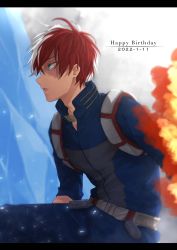 Rule 34 | 1boy, belt, blue eyes, boku no hero academia, burn scar, costume, cryokinesis, dated, english text, fire, from side, happy birthday, harness, highres, ice, letterboxed, male focus, messy hair, multicolored hair, mzkmtzt, profile, pyrokinesis, red hair, scar, scar on face, short hair, solo, split-color hair, todoroki shouto, two-tone hair, utility belt, white hair