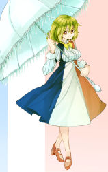 Rule 34 | 1girl, alternate costume, aoi kujira, bow, breasts, bright pupils, commentary, dress, eyebrows, flag print, french flag, green hair, kazami yuuka, large breasts, long sleeves, looking at viewer, multicolored clothes, multicolored dress, parasol, print dress, red eyes, shirt, smile, solo, striped clothes, striped dress, striped shirt, touhou, umbrella, underbust, vertical-striped clothes, vertical-striped dress, white pupils