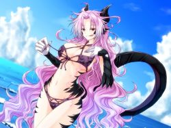 Rule 34 | 1girl, bikini, blue sky, breast tattoo, breasts, claws, cloud, cloudy sky, commentary request, curly hair, day, dragon girl, dragon horns, dragon tail, dutch angle, female focus, front-tie bikini top, front-tie top, g (genesis1556), gradient background, hair intakes, halterneck, hand on own chest, highleg, highleg bikini, highleg swimsuit, horizon, horns, large breasts, leia (g (genesis1556)), licking lips, long hair, looking at viewer, monster girl, navel, ocean, original, pink hair, purple bikini, red eyes, scales, sky, solo, swimsuit, tail, tattoo, tongue, tongue out, untying, very long hair