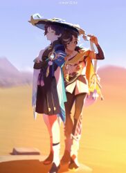 Rule 34 | armor, black hair, blurry, blurry background, closed eyes, closed mouth, commentary, day, desert, english commentary, full body, genshin impact, grey hair, hat, highres, holding, japanese armor, japanese clothes, jingasa, kote, kurokote, long hair, outdoors, pants, purple hair, sand, scaramouche (genshin impact), sethos (genshin impact), shared hat, shoes, sky, sparkle, standing, sweat, twitter username, vision (genshin impact), wanderer (genshin impact), win te ra