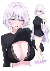 Rule 34 | 1girl, black bra, black shirt, blush, bob cut, bra, breasts, clothes lift, dolphin shorts, full body, grey hair, highres, hood, hoodie, ichiki 1, large breasts, lifted by self, looking at viewer, mole, mole on breast, off shoulder, open mouth, original, purple footwear, purple hoodie, purple shorts, shirt, shirt lift, short shorts, shorts, simple background, single off shoulder, solo, tears, underwear, white background
