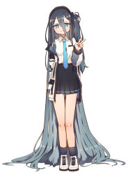 Rule 34 | 1girl, absurdly long hair, aris (blue archive), black hair, black hairband, black skirt, blue archive, blue eyes, blush, bright pupils, collared shirt, commentary request, full body, hair between eyes, hairband, highres, jacket, long hair, long sleeves, looking at viewer, mountain han, multicolored clothes, multicolored jacket, necktie, one side up, pleated skirt, shirt, simple background, skirt, smile, solo, tie clip, twitter, v, very long hair, white background, white pupils, white shirt