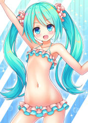 Rule 34 | 1girl, absurdres, aged down, aqua hair, arm up, bare shoulders, bikini, blue background, blue eyes, bluebird (bluebird90), blush, bow, bow bikini, collarbone, cowboy shot, female focus, flat chest, frilled bikini, frills, hair ornament, hand up, hatsune miku, highres, long hair, looking at viewer, multicolored bikini, multicolored clothes, navel, open mouth, scrunchie, shiny skin, smile, solo, sparkle, standing, stomach, swimsuit, twintails, vocaloid