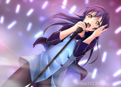 Rule 34 | 1girl, arms up, bad id, bad pixiv id, blue hair, blush, commentary request, hair ribbon, highres, holding, holding microphone, jacket, long hair, love live!, love live! school idol project, microphone, microphone stand, music, open clothes, open jacket, open mouth, pantyhose, ribbon, simple background, singing, solo, sonoda umi, stage, standing, tina1213, twitter username, yellow eyes