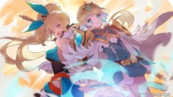 Rule 34 | 2017, 2girls, aqua eyes, armor, bare back, bare shoulders, blonde hair, breasts, closed mouth, commentary, copyright name, cygames, dragalia lost, elisanne, fire emblem, fire emblem heroes, fjorm (fire emblem), gloves, gradient hair, long hair, looking at viewer, medium breasts, multicolored hair, multiple girls, nintendo, official art, open mouth, ponytail, purple eyes, short hair, smile, very long hair, white gloves, white hair