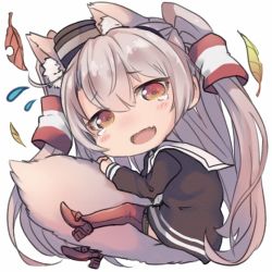 Rule 34 | 1girl, :d, amatsukaze (kancolle), animal ear fluff, animal ears, between legs, black dress, chibi, commentary request, dress, dyson (edaokunnsaikouya), fang, flying sweatdrops, full body, hair between eyes, hair tubes, hat, head tilt, kantai collection, kemonomimi mode, leaf, light brown hair, long hair, long sleeves, looking at viewer, looking to the side, mini hat, open mouth, red thighhighs, sailor collar, sailor dress, short dress, simple background, smile, smokestack, solo, tail, tail between legs, tears, thighhighs, two side up, very long hair, white background, white sailor collar, wolf ears, wolf girl, wolf tail