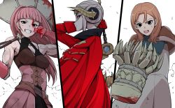 Rule 34 | 3girls, annette fantine dominic, axe, aymr (fire emblem), blood, blood on face, bloody weapon, breasts, capelet, cleavage, closed mouth, crusher (weapon), dress, edelgard von hresvelg, fire emblem, fire emblem: three houses, freikugal (weapon), from side, fur trim, gloves, grin, heroes relic (fire emblem), hilda valentine goneril, holding, holding axe, horns, i0ekfkr17pa7jbh, long hair, multiple girls, nintendo, open mouth, orange hair, pink gloves, pink hair, simple background, smile, weapon, white background, white hair