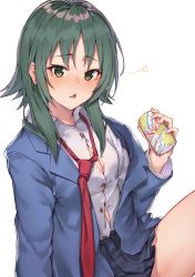 Rule 34 | 1girl, :&lt;, atsuko (minami-ke), black cola, blazer, blue jacket, blue skirt, blush, can, collared shirt, dress shirt, drunk, fingernails, green eyes, green hair, hand up, head tilt, heart, heart-shaped pupils, highres, holding, holding can, jacket, knee up, long hair, long sleeves, looking at viewer, minami-ke, necktie, nose blush, open clothes, open jacket, parted lips, pleated skirt, red necktie, shirt, sidelocks, simple background, sitting, skirt, solo, squeans, symbol-shaped pupils, triangle mouth, white background, white shirt