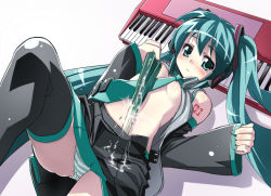 Rule 34 | aqua eyes, blush, cum, green eyes, hatsune miku, instrument, panties, solo, spring onion, striped clothes, striped panties, synthesizer, thighhighs, twintails, underwear, vocaloid, yoshihara maito