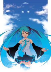 Rule 34 | 1girl, bad id, bad pixiv id, cloud, day, detached sleeves, closed eyes, green hair, hatsune miku, long hair, necktie, open mouth, skirt, sky, solo, tatami to hinoki, thighhighs, twintails, vocaloid