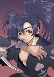 1boy amputee black_hair black_kimono dororo_(tezuka) gradient_background hyakkimaru_(dororo) japanese_clothes kimono long_hair looking_at_viewer male_focus mouth_hold ponytail prosthesis prosthetic_arm prosthetic_weapon solo torn_clothes torn_kimono weapon yamatomoti yellow_eyes