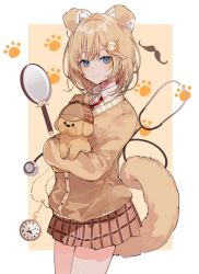 Rule 34 | 1girl, animal, animal ears, blonde hair, blue eyes, breasts, brown cardigan, bubba (watson amelia), cardigan, chiemo (xcem), closed mouth, collared shirt, cowboy shot, deerstalker, dog, dog ears, dog girl, dog tail, hair ornament, hat, holding, holding animal, holding dog, hololive, hololive english, long sleeves, looking at viewer, magnifying glass, miniskirt, mustache print, open mouth, paw print, paw print background, plaid, plaid skirt, pleated skirt, pocket watch, red neckwear, shirt, skirt, smile, tail, virtual youtuber, watch, watson amelia, white shirt