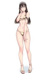 Rule 34 | 1girl, aqua eyes, bare arms, bare legs, bare shoulders, barefoot, bikini, black hair, closed mouth, collarbone, full body, glasses, gold bikini, hair between eyes, hairband, highres, kantai collection, long hair, navel, ooyodo (kancolle), sandals, simple background, solo, swimsuit, toes, white background, white hairband, yuuji (and)