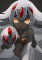 Rule 34 | 1girl, claws, commentary request, dark-skinned female, dark skin, extra arms, fangs, faputa, furry, furry female, highres, looking at viewer, made in abyss, monster girl, open mouth, short hair, simple background, solo, teeth, umino mozuku, white fur, white hair, yellow eyes
